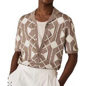 Reiss Men’s Terrazzo Geometric Embroidery Knit Camp Shirt  Medium Taupe Brown